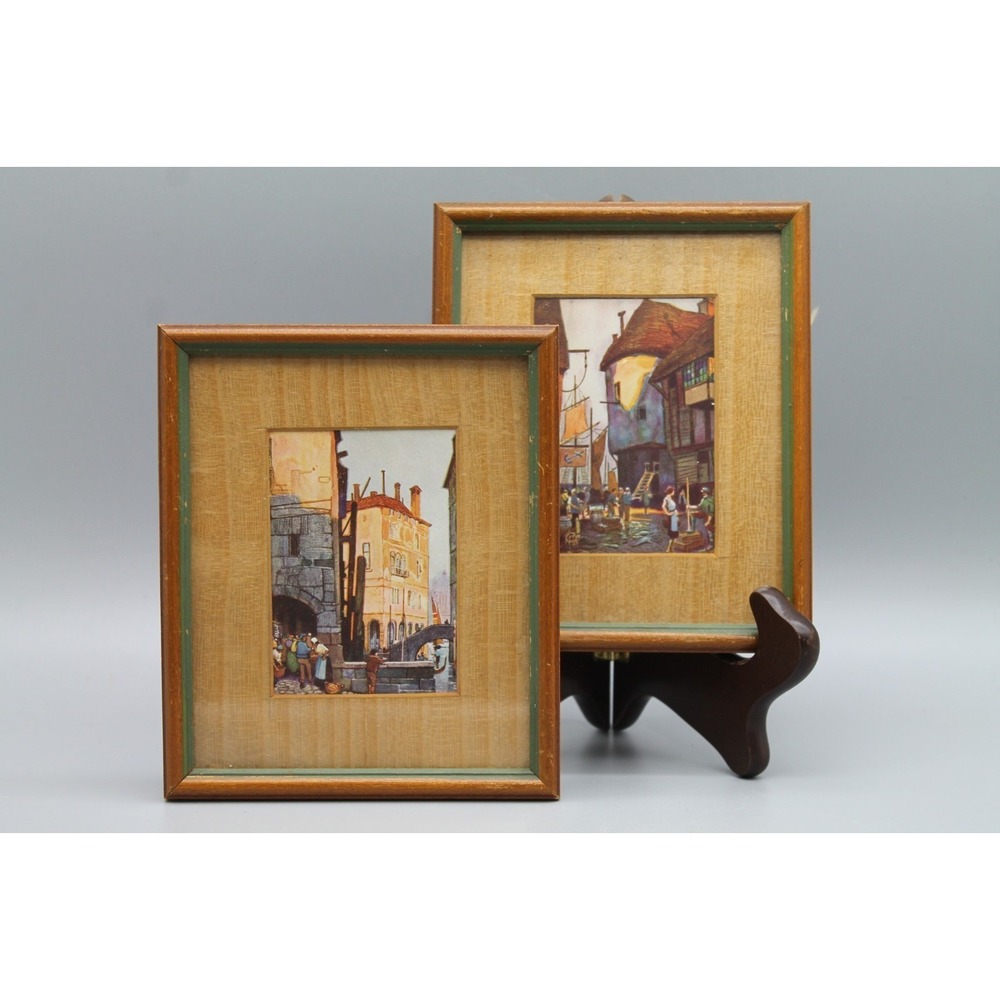 Vintage European Street Scene Art Prints Set of 2 Framed 5x6 Mid Century Decor